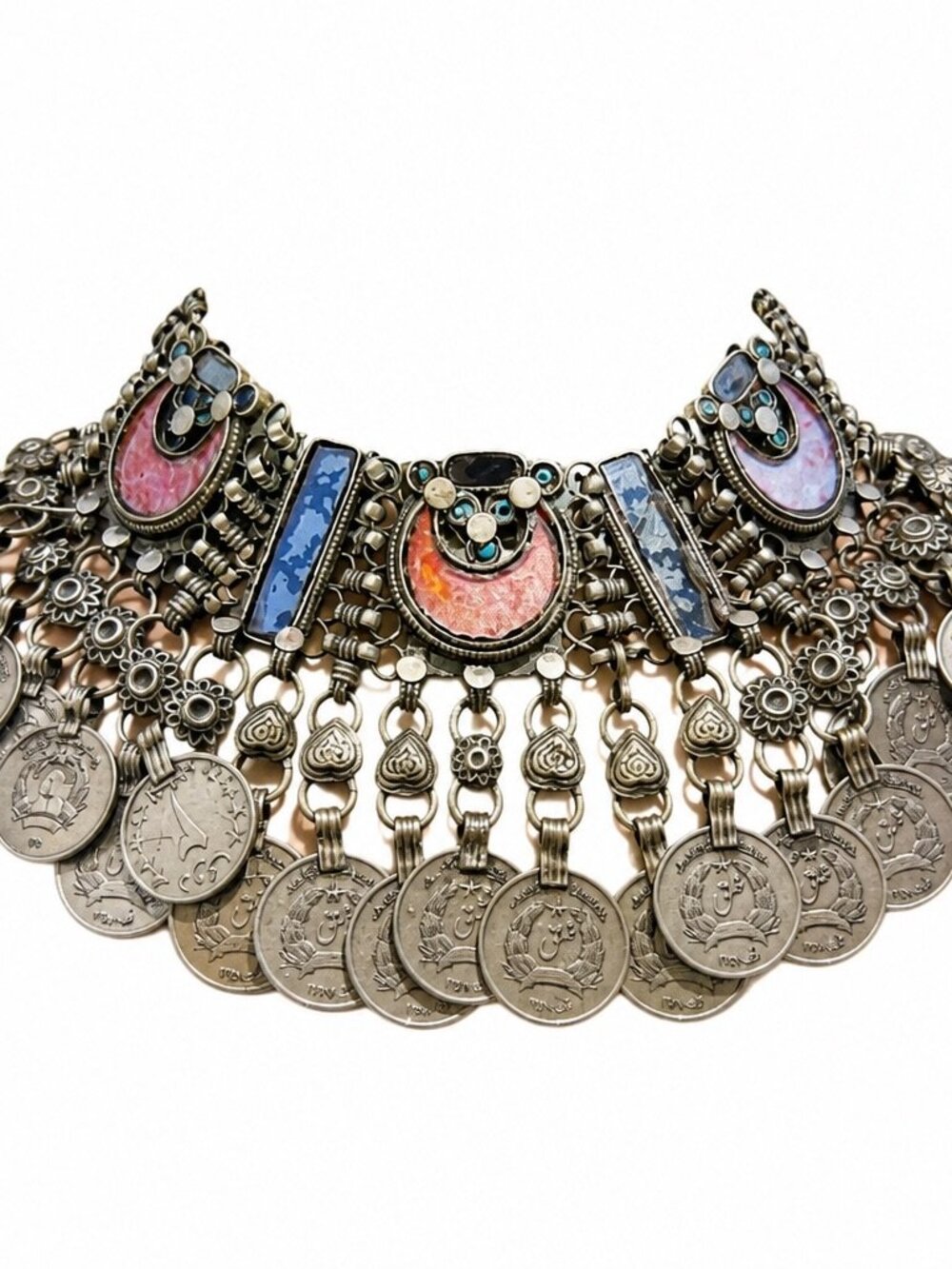 Vintage Afghan Kuchi Tribal Necklace With Coins Lapis & Coral Stone Accents